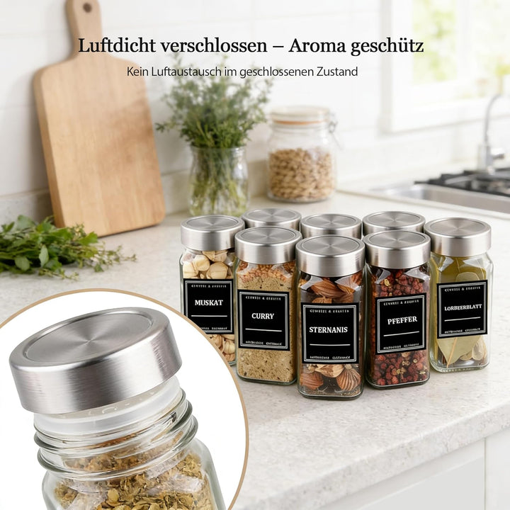 Gewürzgläser Set 24er [120ml, Eckig & Luftdicht] mit Edelstahldeckeln, Etiketten & Streueinsätzen -