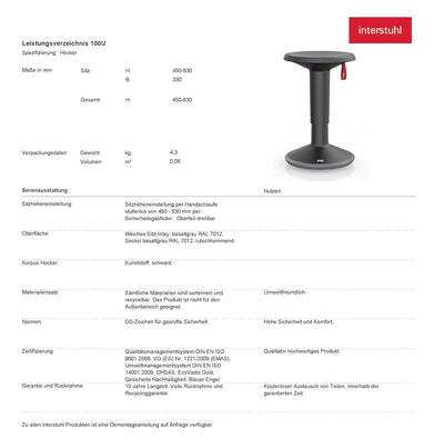 Interstuhl UPis1 - ergonomischer Sitzhocker mit Schwingeffekt - höhenverstellbar - Hocker mit rutsch