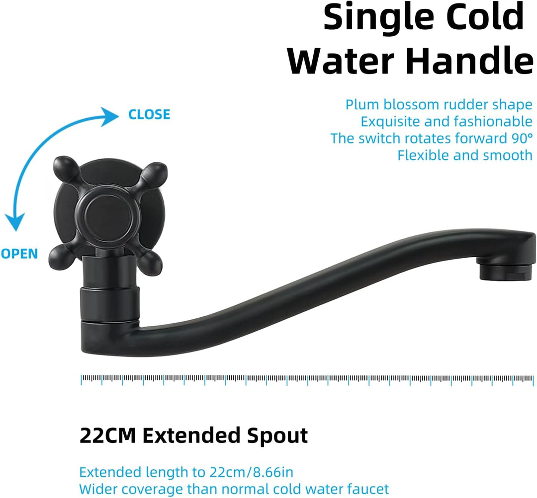 Wandarmatur Kaltwasser Schwarz, Wasserhahn Wandmontage Lang, 360° Drehbar Wasserhahn Garten Wand, Wa