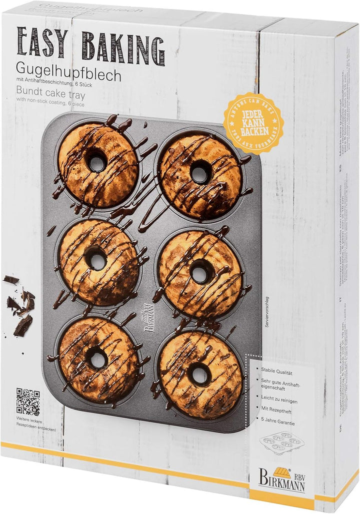 Birkmann Easy Baking Gugelhupfblech 6-fach, Karbonstahl Backform antihaftbeschichtet für Mini-Gugelh