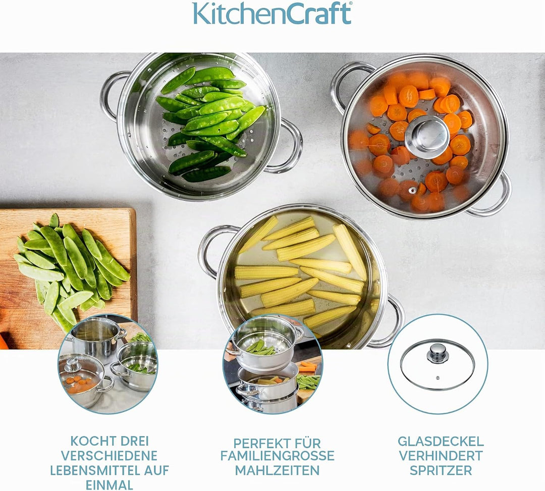 KitchenCraft Multifunktioneller Kochtopf Set, Dampfgarer/Suppentopf mit 3 Töpfen und Deckel, Indukti