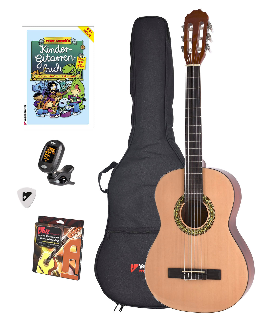 Voggy’s Kindergitarren-Set ¾ - Gitarre für Kinder ab 8 Jahren im Komplettset mit Zubehör auch geeign