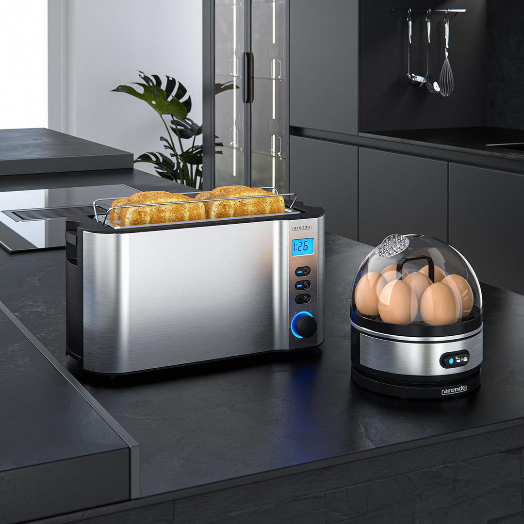 Arendo - SET Toaster MANHA mit Eierkocher SEVENCOOK Edelstahl Silber, Toaster 4 Scheiben LED-Display