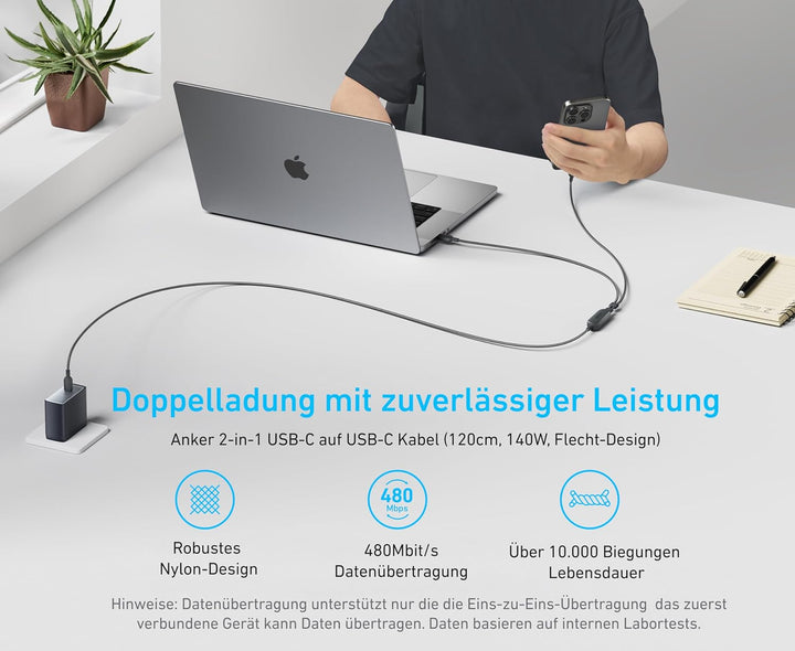 Anker USB C auf USB C Kabel, 140W Max 2-in-1 USB C Kabel 1,2m, für iPhone 16/16 Pro/16 Pro Max/16 Pl