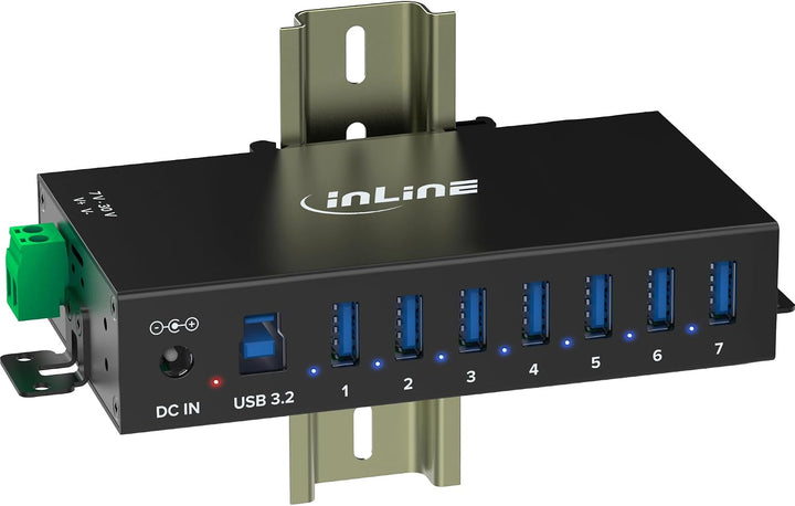 Inline USB 3.2 Gen.1 Industrie-Hub mit 7 Ports, Aluminiumgehäuse, DIN-Schienen-Montage, aktiver USB-