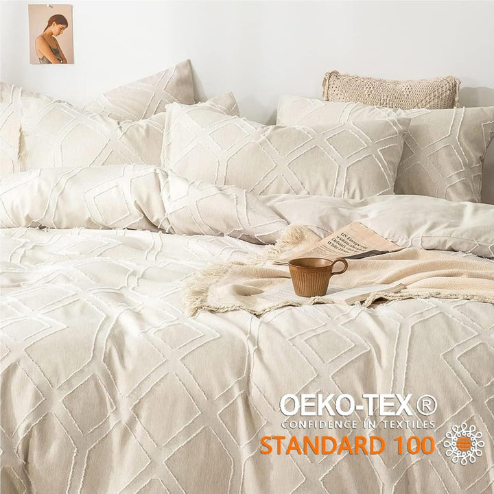 Freyamy BohoBettwäsche 135x200cm Getuftet Geometrische Beige Bettwäsche-Set Stickerei Modern Chic Mi