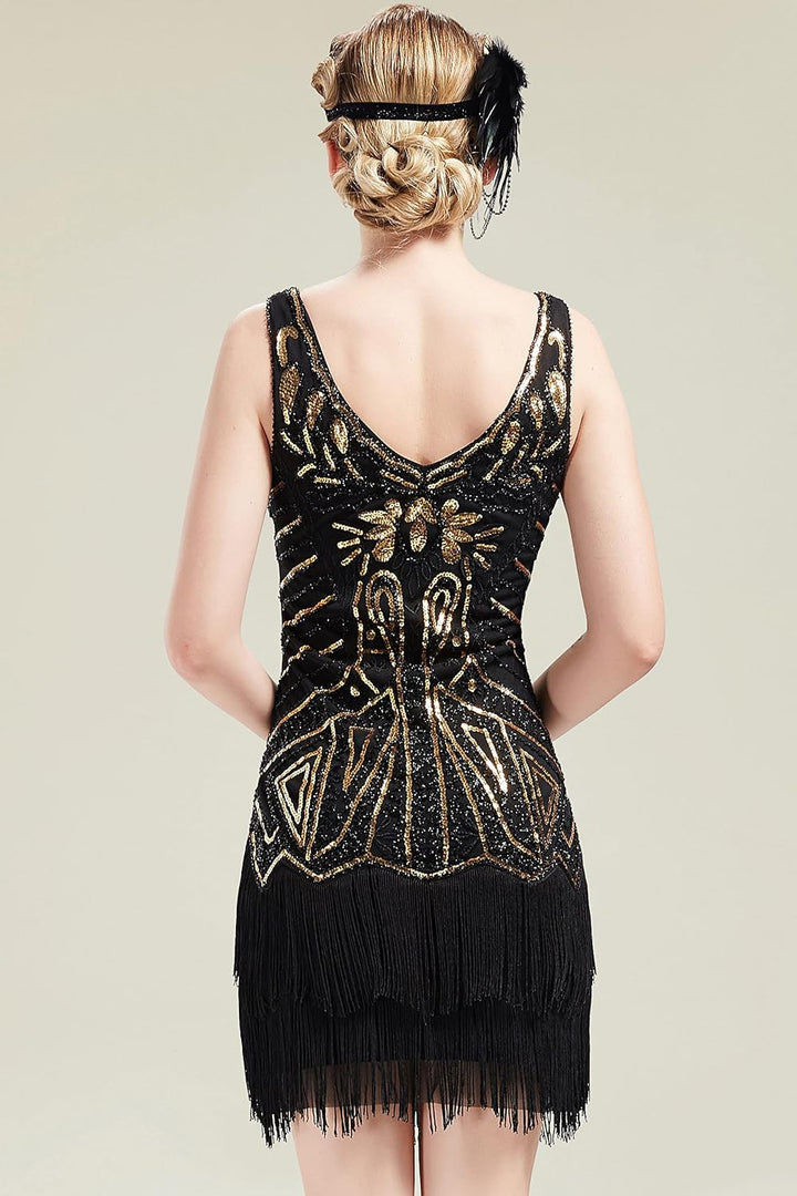 BABEYOND Damen Flapper V-Ausschnitt Kleid Cocktailkleid XXL Schwarz, XXL Schwarz