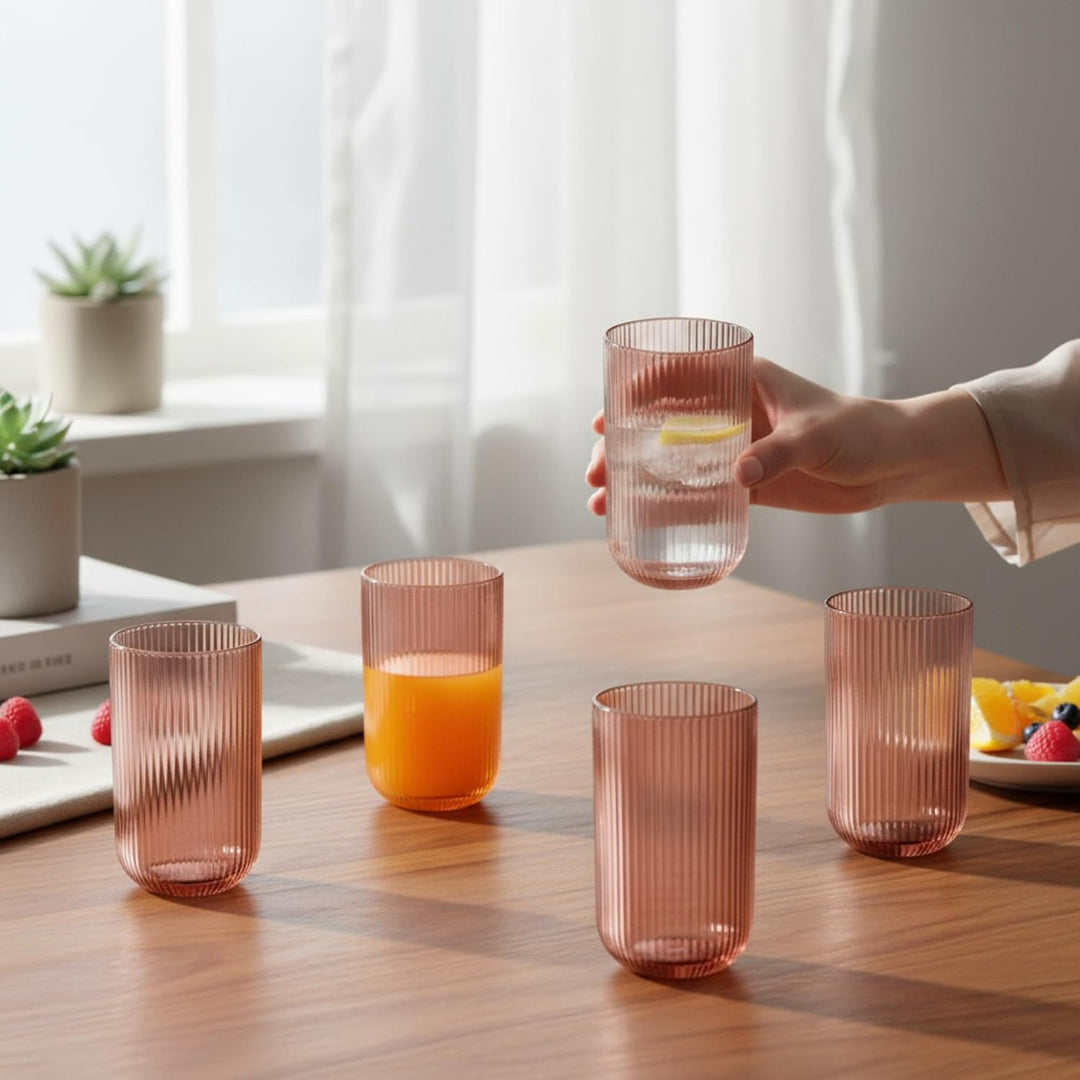 GMMH Vintage 6er-Set Farbige Trinkgläser mit Prägung (Linie/Lila/400 ml) Hochzeitsgläser, Sektgläser