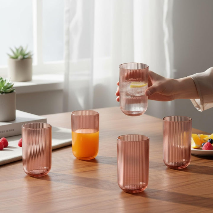 GMMH Vintage 6er-Set Farbige Trinkgläser mit Prägung (Linie/Lila/400 ml) Hochzeitsgläser, Sektgläser
