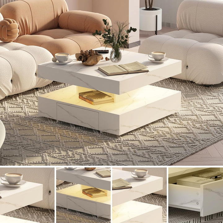 KEEPREAPER Couchtisch LED, Wohnzimmertisch mit 2 Schubladen für Wohnzimmer 78 x 78 x 40cm (Weiss Mar