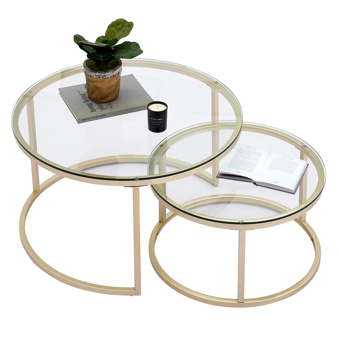 Gold Couchtisch Glas, Couchtisch 2er Set mit 1 Grosser Couchtisch Rund und 1 Kleiner Tisch, Beistell