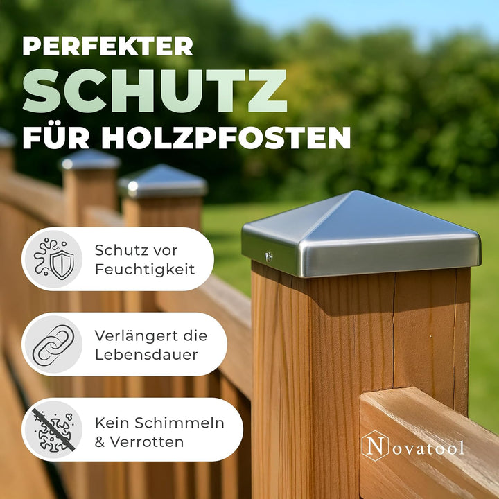 Novatool 20x Edelstahl Pfostenkappen Sparset 71x71mm mit Schrauben, Pfostenabdeckung Pfostenkappe 7,