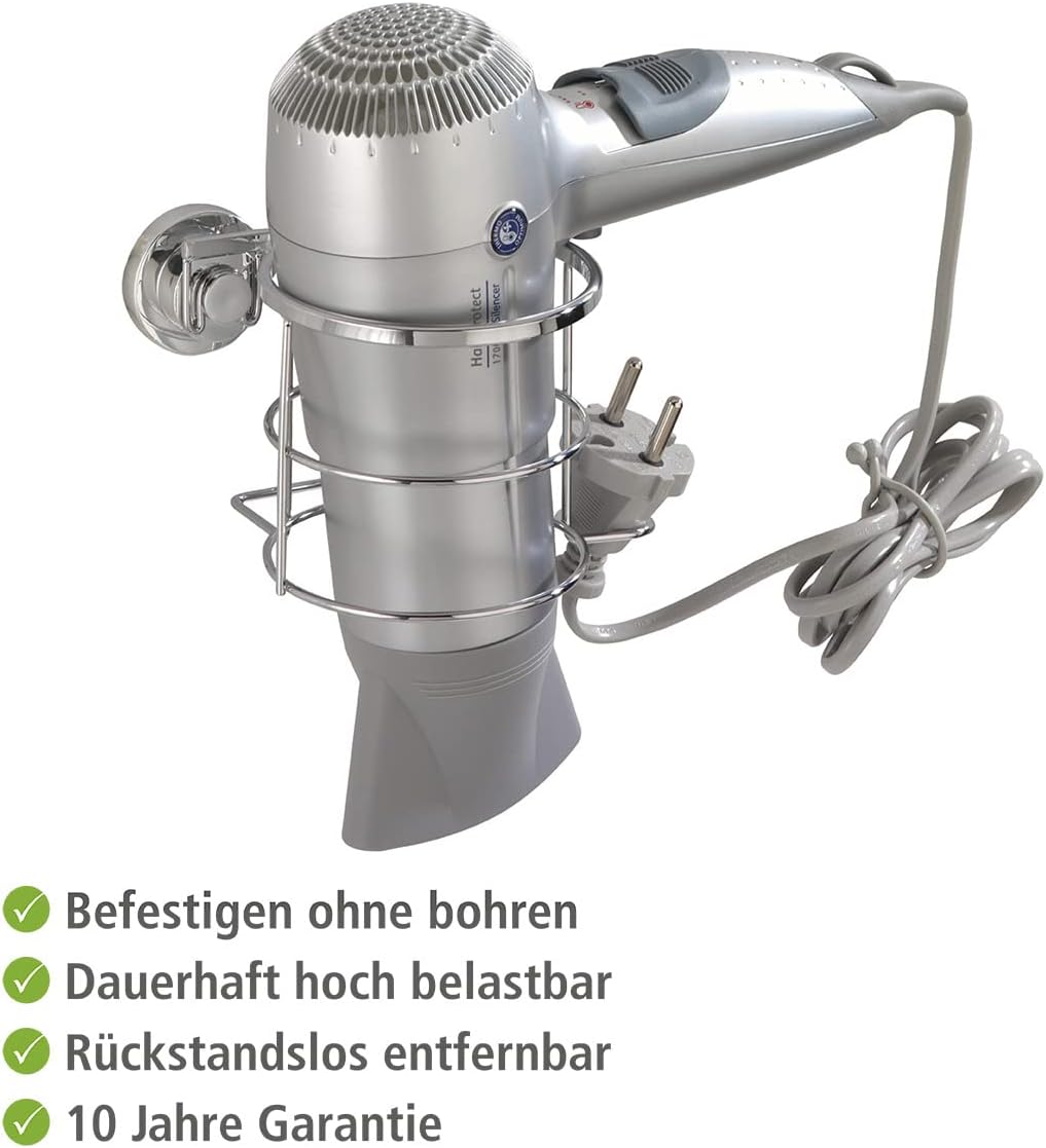 WENKO 17798100 Power-Loc Haartrocknerhalter Bovino - Befestigen ohne Bohren, Easy Hang On, Edelstahl