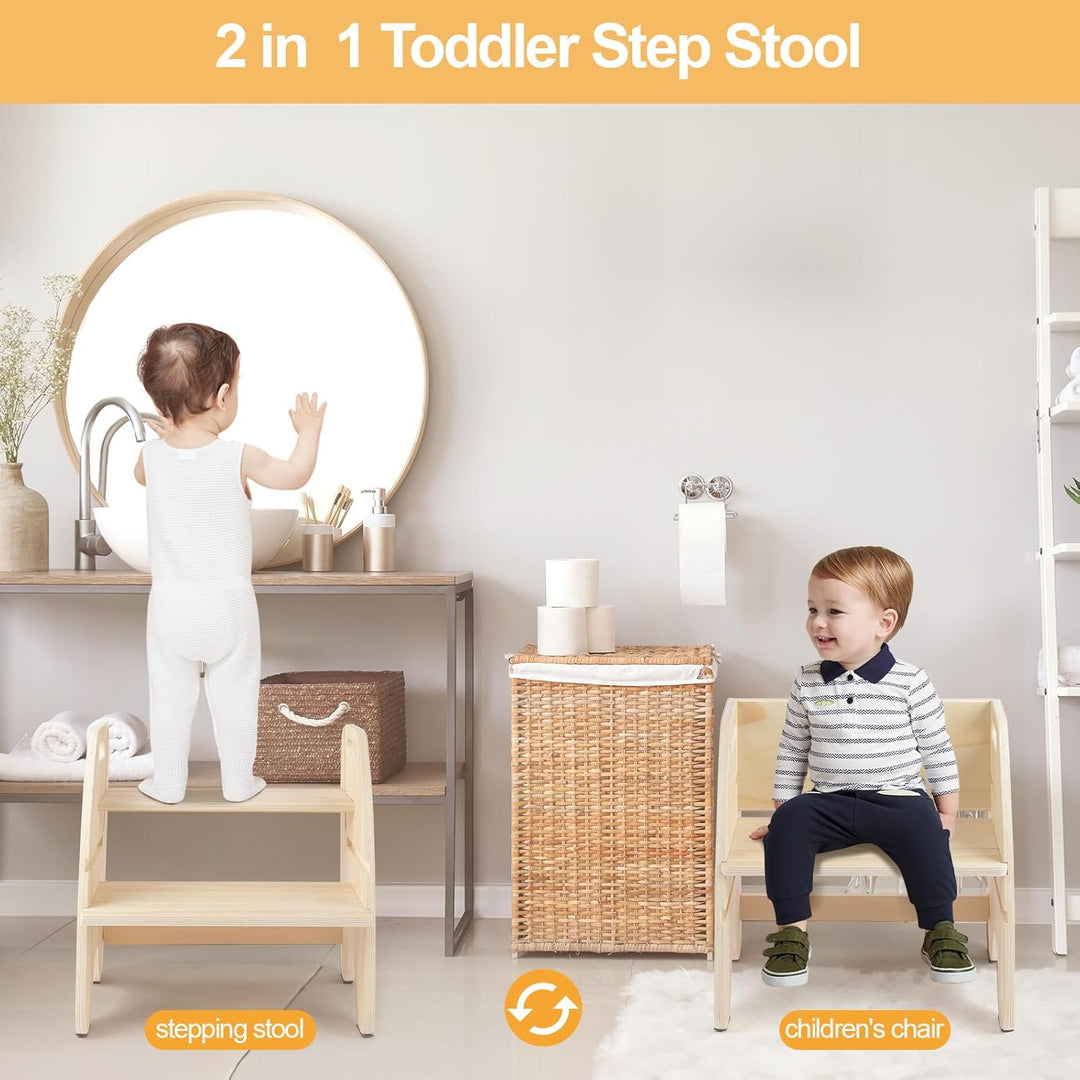 Comfoyar Tritthocker Kinder Holz, 2 Stufenhocker für Kinder mit Griff und Rutschschutzkissen, Cabrio