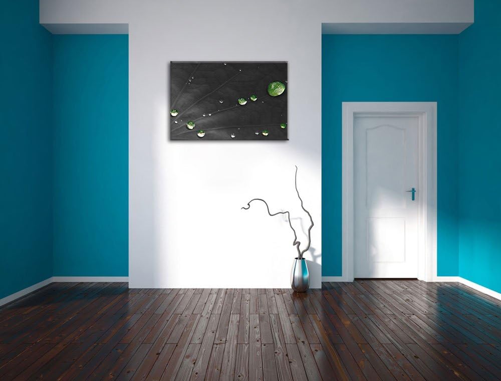 Dark winzige Wassertropfen auf grünem Blatt schwarz/weiss auf Leinwand, XXL riesige Bilder fertig ge