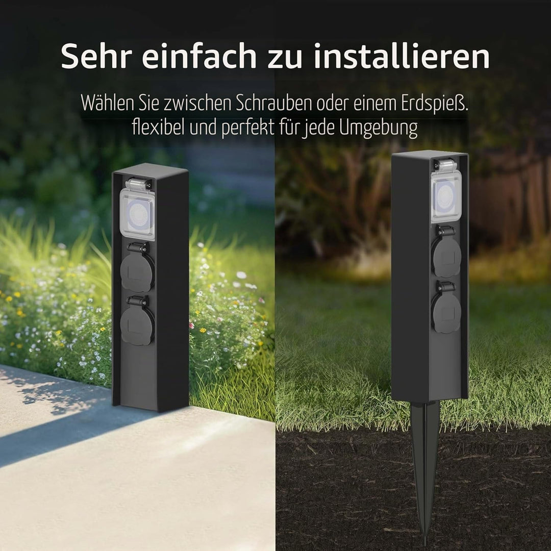 Ledvion - Aussensteckdose mit Pfahl, Inkl. Timer, 2 Steckdosen, Wasserdicht IP44, 3 Jahre Garantie
