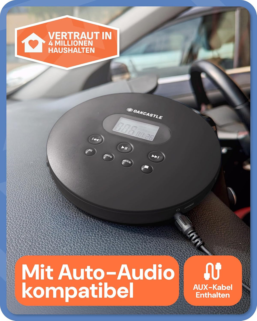 Oakcastle CD100 Tragbarer Retro-CD-Player mit Bluetooth, inklusive Kopfhörer mit Kabel, Kleiner CD P