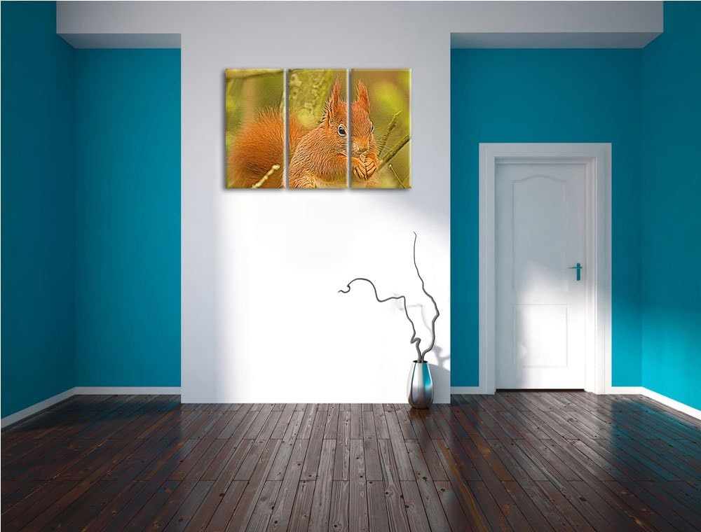 Kleines Eichhörnchen 3 Teilig, Gesamtgrösse 120x80 cm auf Leinwand, XXL riesige Bilder fertig gerahm