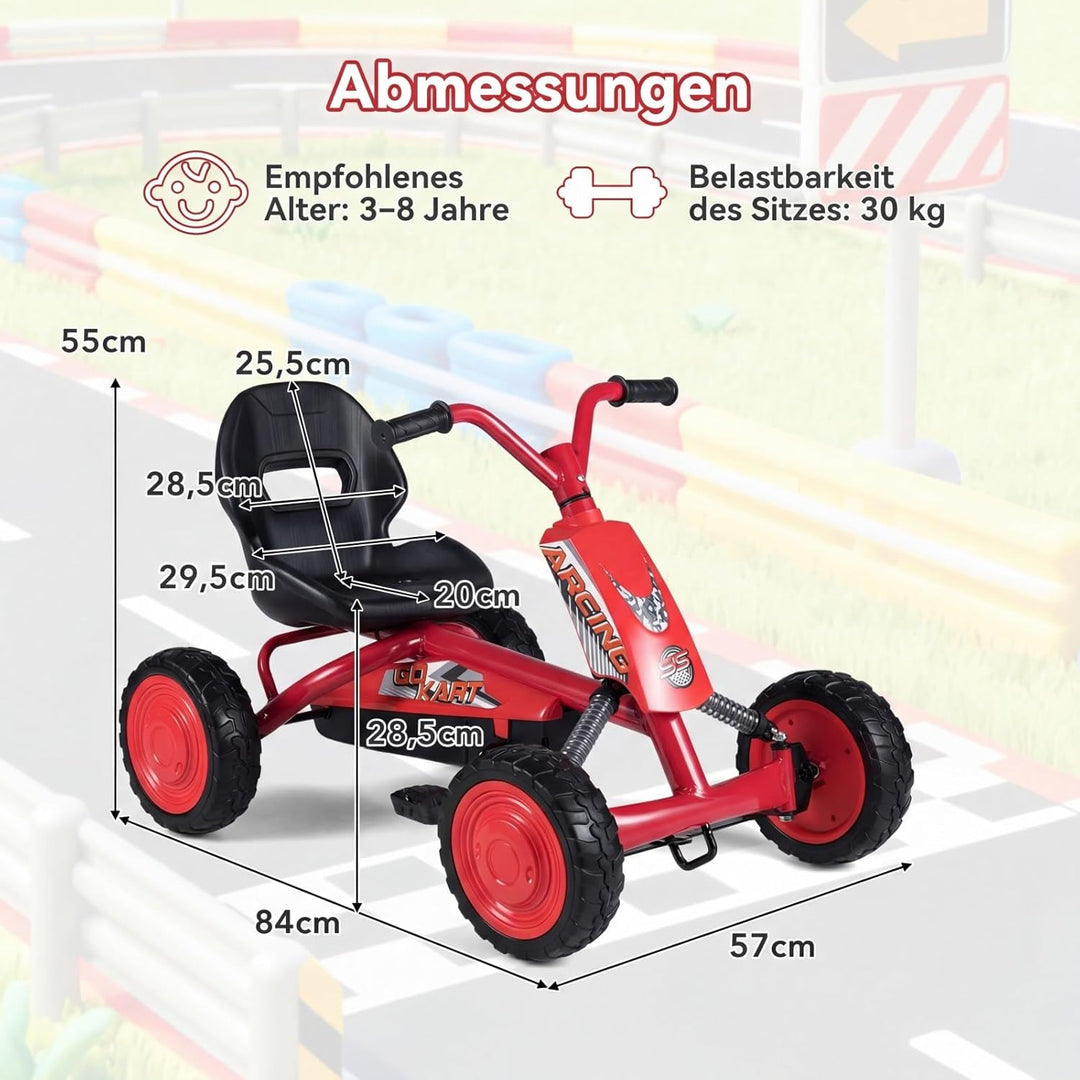 DREAMADE Kinder Go Kart, Gokart mit einstellbarem Sitz & Rückenlehne, Tretfahrzeug mit Vorwärts- & R