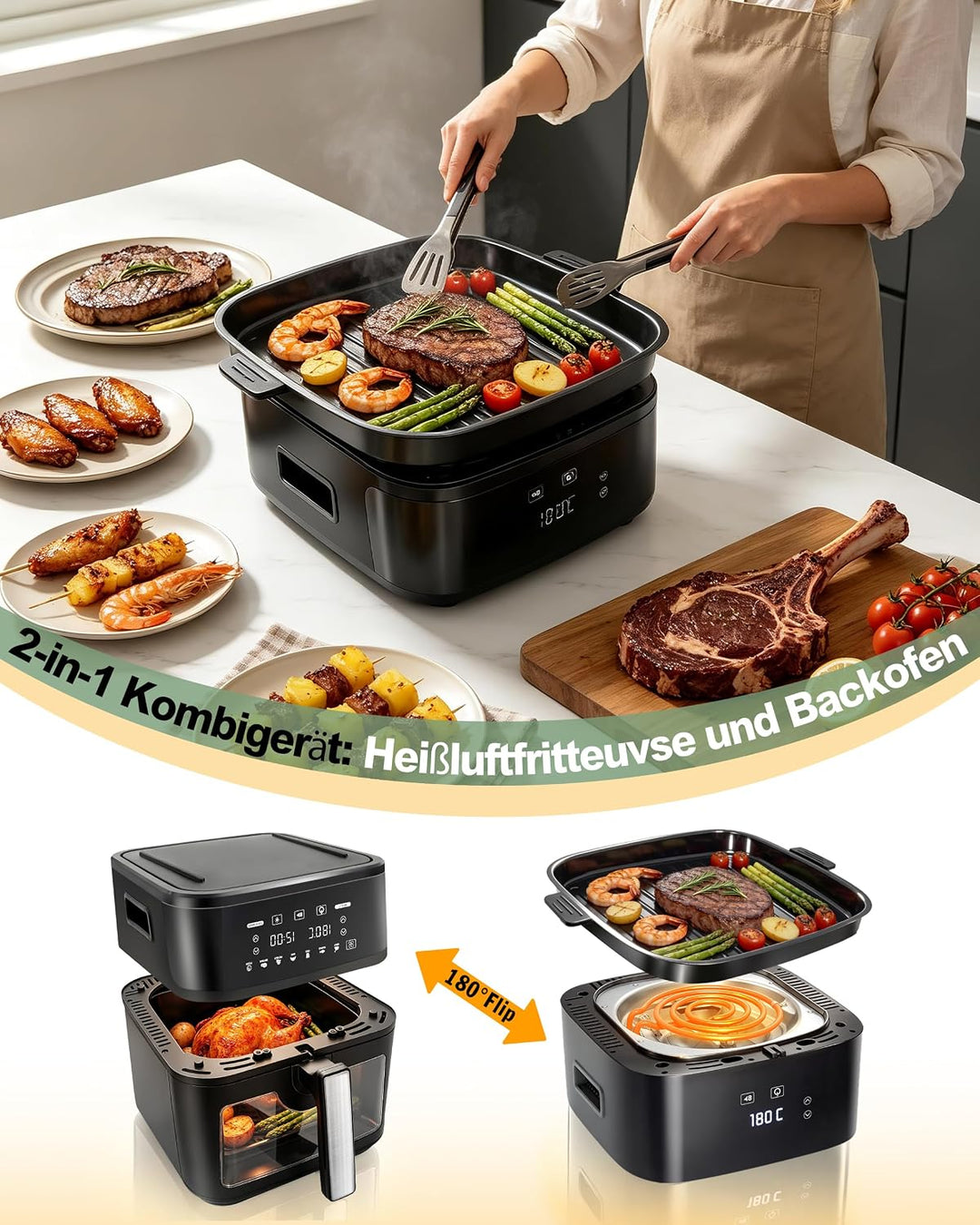 KEINVE Easy Fry &amp; Grill Heissluftfritteuse, 2-in-1 Technologie (Air Fryer und Grill), Digitales Disp