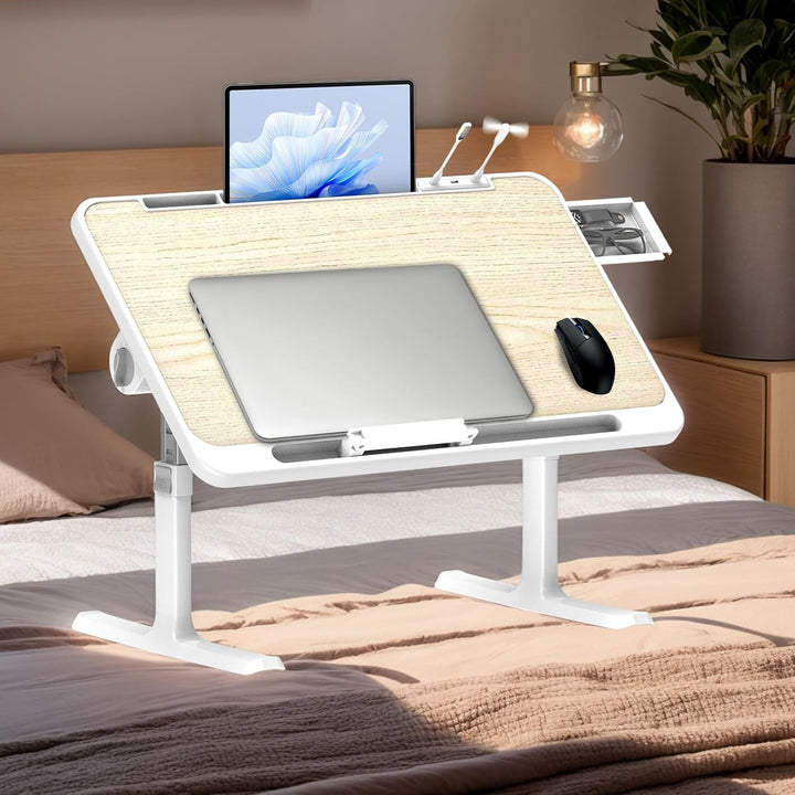 WoRaum Klappbarer Laptoptisch mit Schublade, LED & Ventilator – Höhenverstellbarer Schreibtisch für