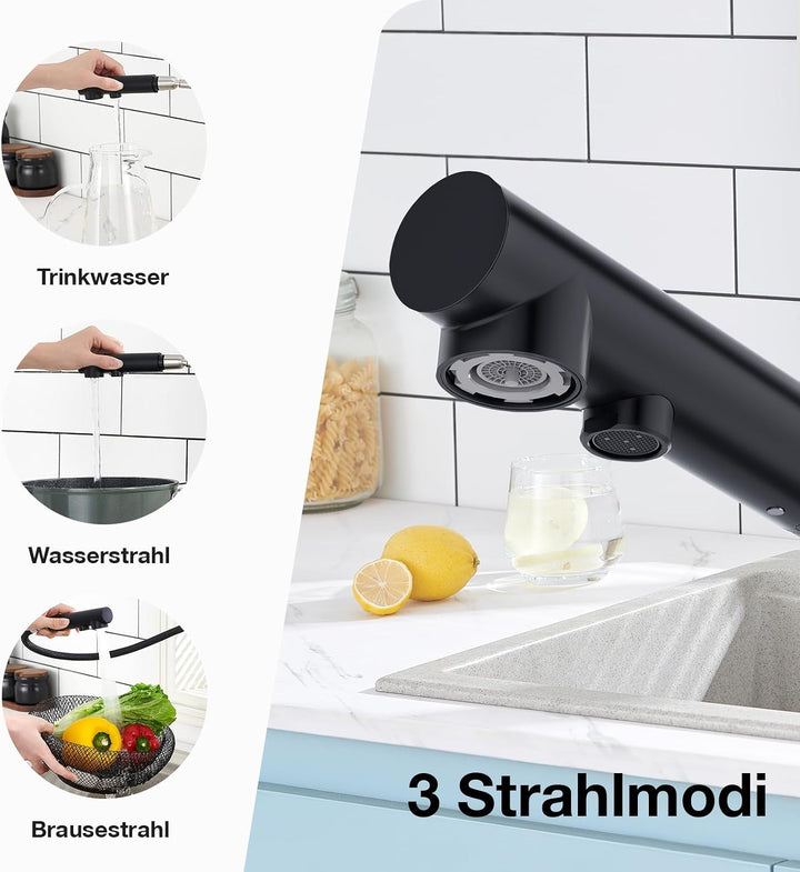 Faustina 3 Wege Küchenarmatur mit Brause ausziehbar, Doppelhebel Armatur Wasserhahn Spültischarmatur