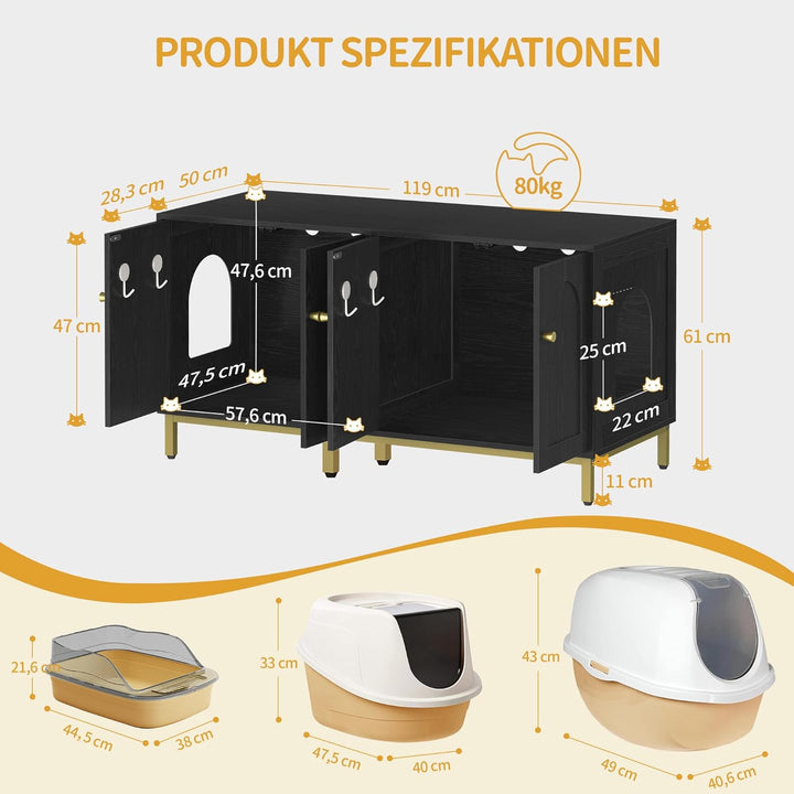 Hzuaneri Katzenschrank für 2 Katzen, 119cm Versteckte Katzentoilettenmöbel, Hölzernes Haustierhaus,
