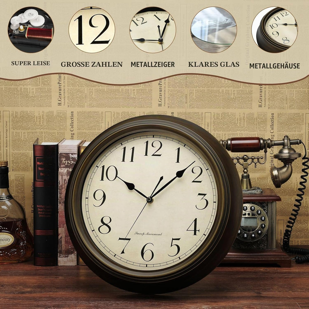 Plumeet Wanduhr Gross Klassisch 33cm Ruhige Retro Wanduhr ohne Tickgeräusche für Wohnzimmer - Schlaf