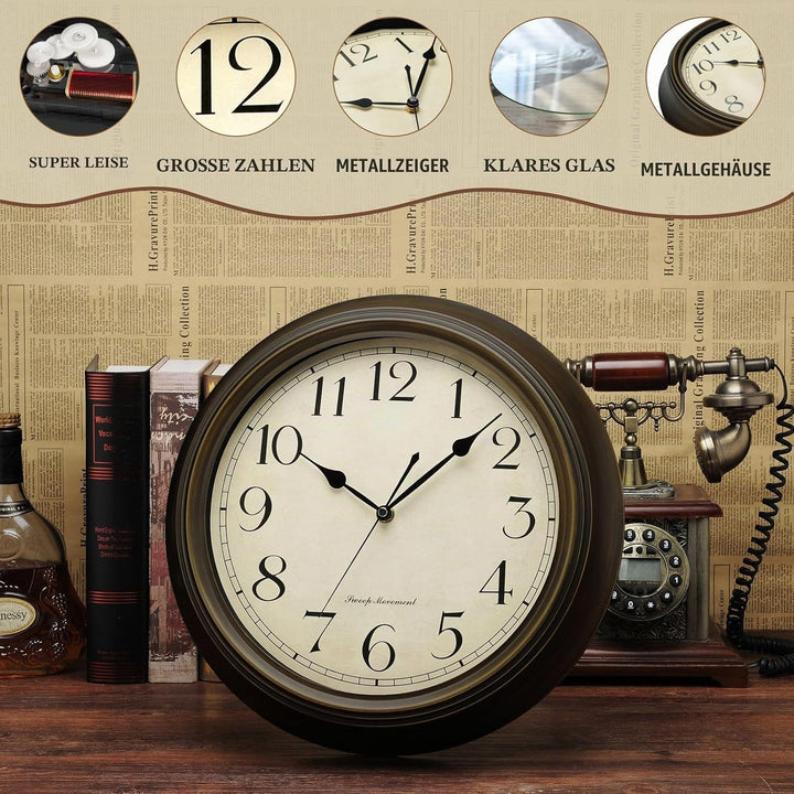 Plumeet Wanduhr Gross Klassisch 33cm Ruhige Retro Wanduhr ohne Tickgeräusche für Wohnzimmer - Schlaf