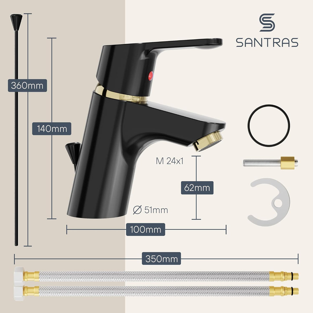 SANTRAS® Waschtischarmatur für das Bad mit Zugstange in Schwarz/Gold – Einhebel-Mischarmatur warm ka