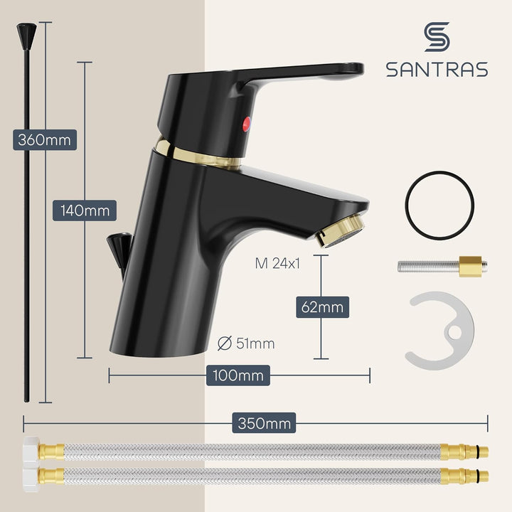 SANTRAS® Waschtischarmatur für das Bad mit Zugstange in Schwarz/Gold – Einhebel-Mischarmatur warm ka