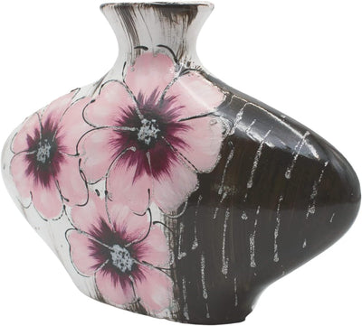 Ovale Keramik Vase mit Blumen-Dekor, schwarz-rosa, Handarbeit, GrösseL/B/H ca. 7 x 30 x 20 cm Rosa B