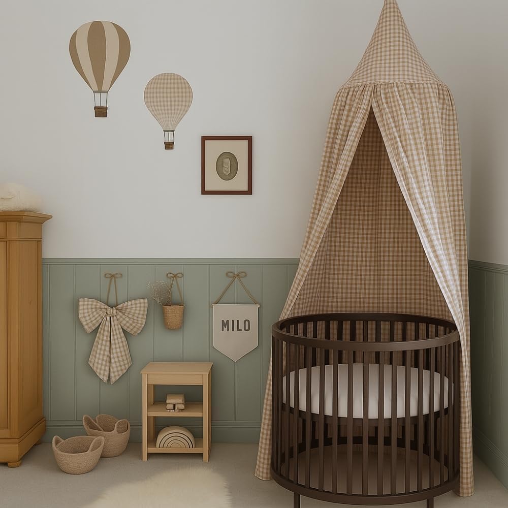 Wonder Space Kinderbett-Himmel - Neutrales Beige Karomuster für Kinderzimmer | Dekoratives Baumwollz