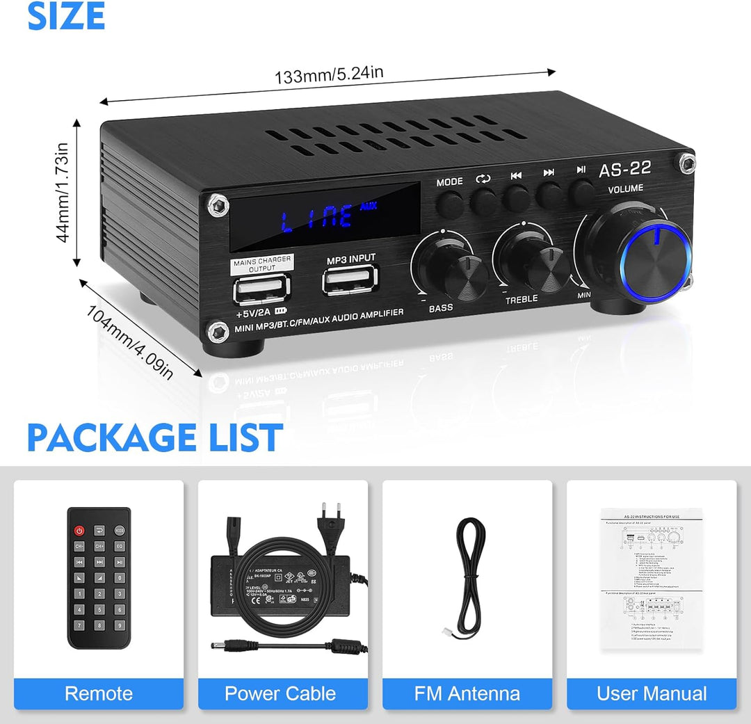 Bluetooth HiFi-Verstärker-AS-22 2.0 Kanäle Mini Stereo-Audioverstärker 40W x 2 Class D Digitale Powe