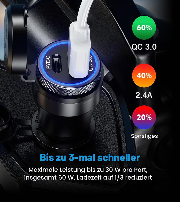 Kewig Aluminium DIN Hella Powerlet Stecker Ladegerät 30W Motorrad Dual Schnellladegerät 3.0 USB Lade