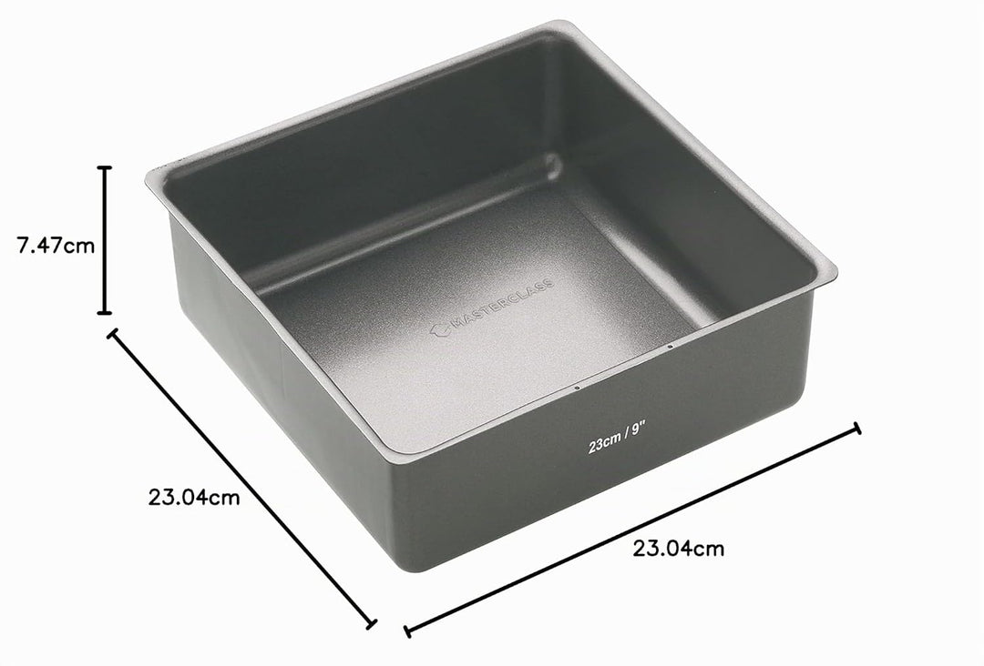 MasterClass Deep Cake Tin, 23cm Square Pan, With Loose Bottom, Non Stick, 1 mm Carbon Steel, PFOA fr