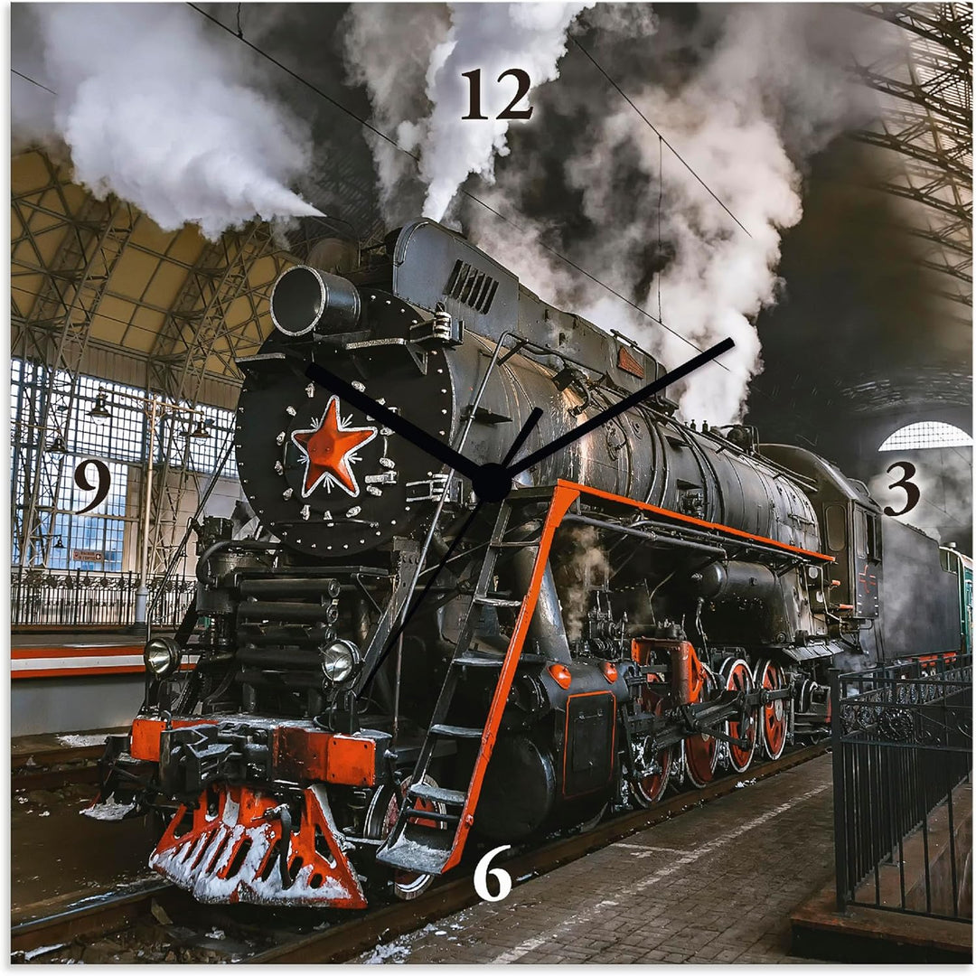 ARTLAND Wanduhr ohne Tickgeräusche Leinwand Quarzuhr 30x30 cm Quadratisch Lautlos Lokomotive Eisenba