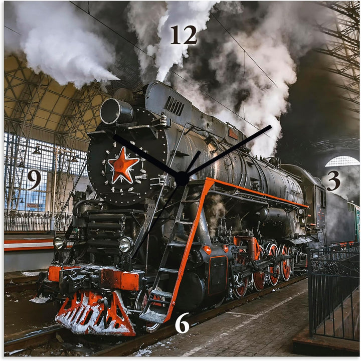 ARTLAND Wanduhr ohne Tickgeräusche Leinwand Quarzuhr 30x30 cm Quadratisch Lautlos Lokomotive Eisenba