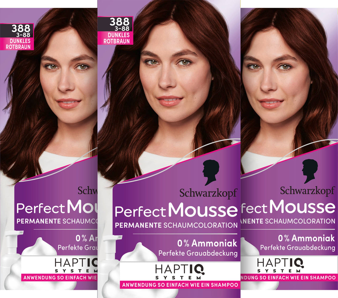 Schwarzkopf Perfect Mousse Permanente Schaumcoloration 388/3-88 Dunkles Rotbraun (3x93 ml), Haarfarb