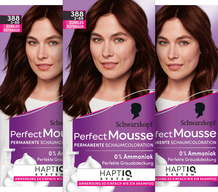 Schwarzkopf Perfect Mousse Permanente Schaumcoloration 388/3-88 Dunkles Rotbraun (3x93 ml), Haarfarb