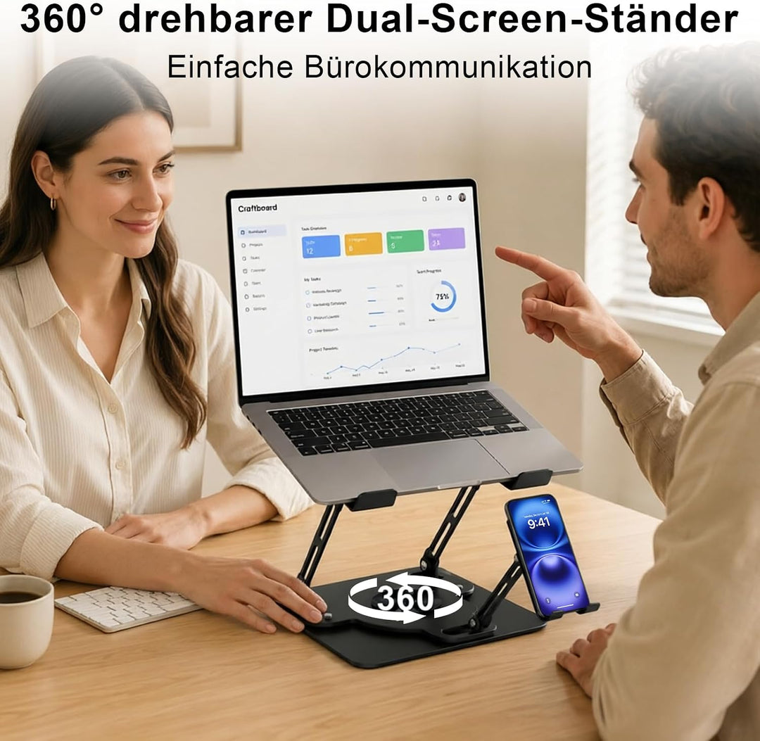 Laptop Ständer Höhenverstellbar mit Handy Halterung 360° Drehbar &amp; Platzsparend Klappbar Ergonomisch