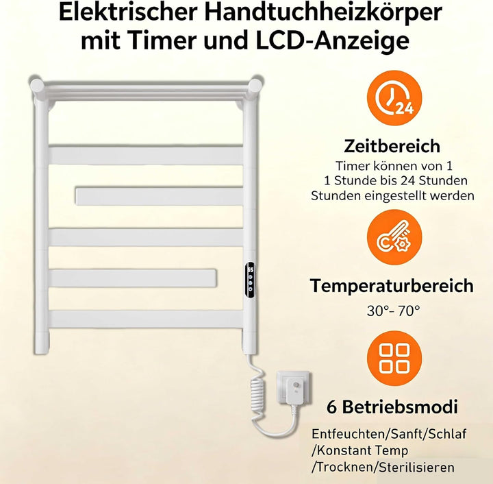 Handtuchheizkörper Elektrisch 66 x 55cm, 180° Drehung Handtuchwärmer Elektrisch mit Heiz-Ablage, WiF