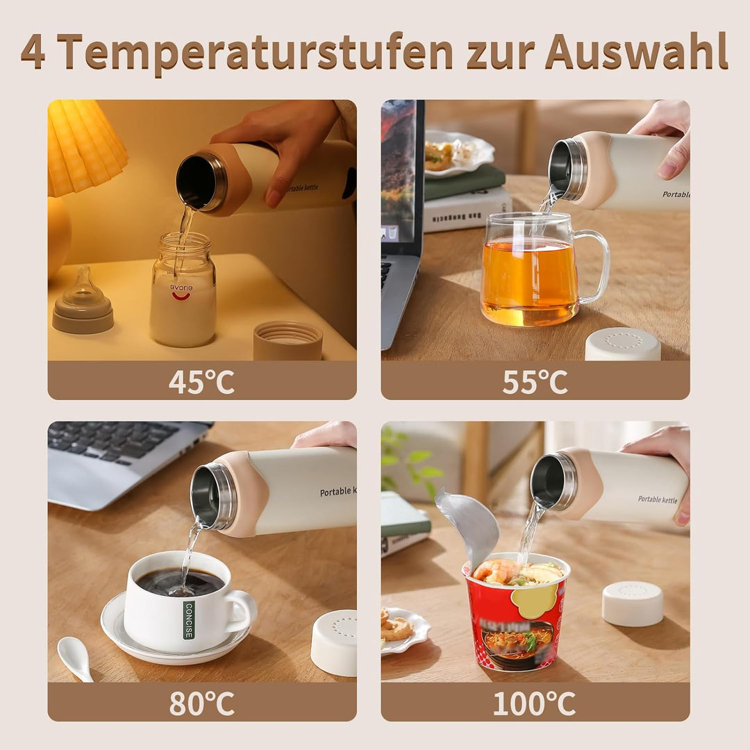 450 ml Reisewasserkocher Klein mit 4 Temperatureinstellungen, Doppelschicht 304 Edelstahl, 6 Stunden