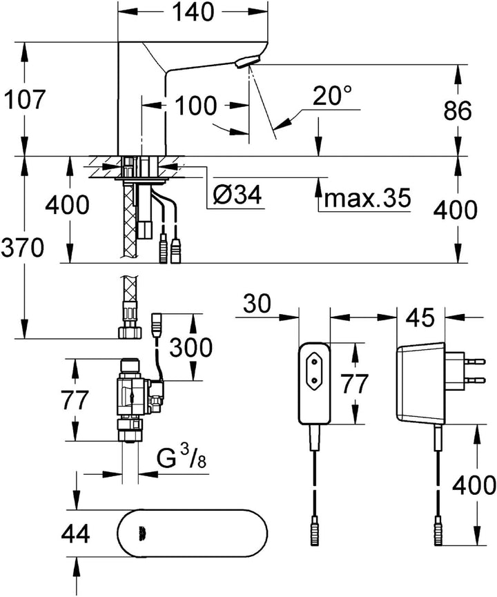 GROHE Euroeco CE - Infrarot-Elektronik für Waschtisch (wassersparend, Reinigungsmodus, 7 voreingeste