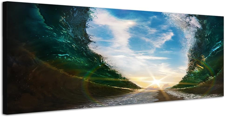 Paul Sinus Art Panoramabild auf Leinwand und Keilrahmen 150x50cm Meer Wellen Wasserteilung Sonne
