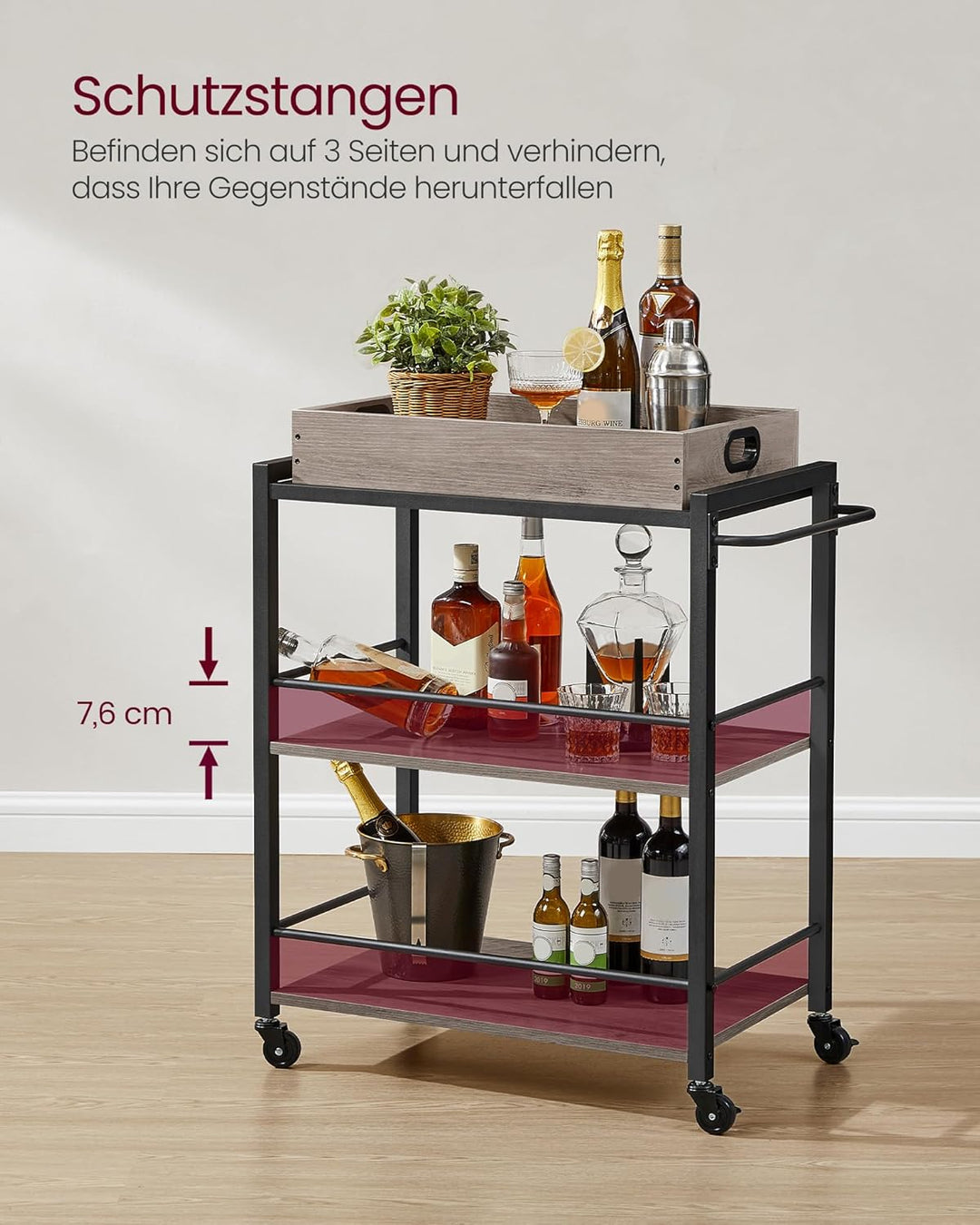 VASAGLE Servierwagen, Küchenwagen, abnehmbares Tablett, mit verstellbaren Füssen und Rollen, Küchenr