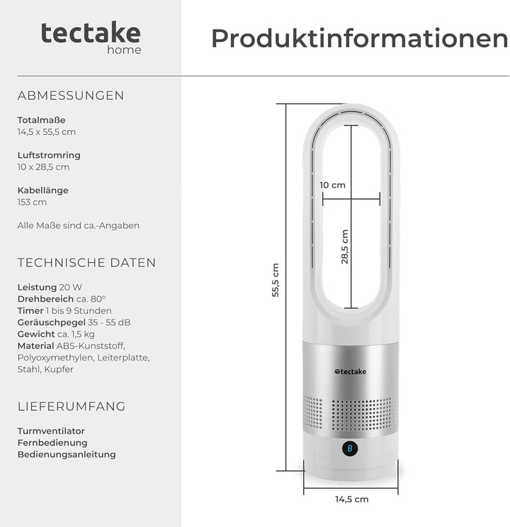 tectake® rotorloser Ventilator mit Fernbedienung, Turmventilator, cooling ace Lüfter, Luftkühler, mo