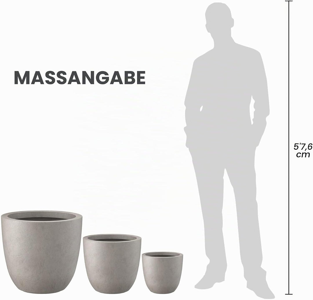 Kante 45,7 cm, 35,6 cm und 25,4 cm B verwitterter Beton, runde Pflanzgefässe (3 Stück), Moderne Pfla