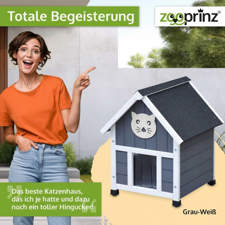 zooprinz Holz Katzenhaus – Katzenhütte im Skandi-Look, Grau-Weiss | Katzenkiste mit Bitumen-Dach für