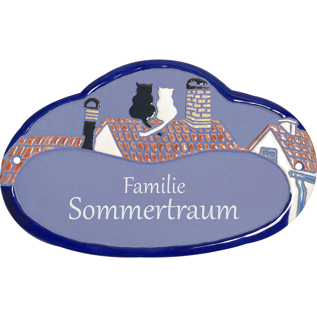 Handarbeit aus Schleswig-Holstein Keramikschild 19,5 x 12,5 cm Motiv Zwei Katzen auf Dachfirst (hell